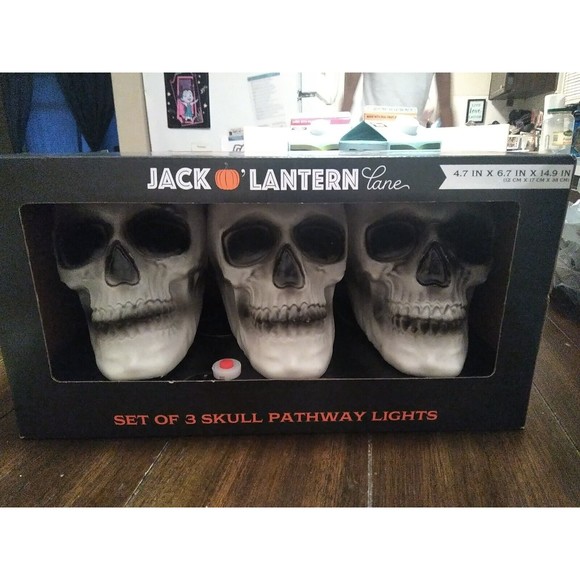 Jack O Lantern Lane Set of 3 Skull Pathway Lights LED New Skull Halloween - Picture 1 of 3